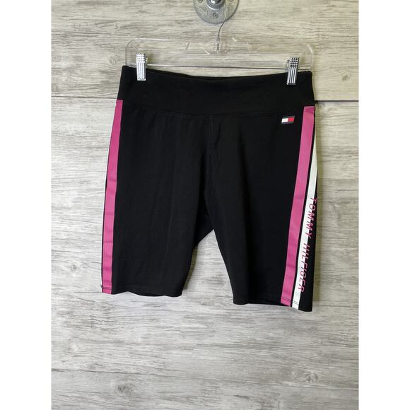 Tommy Hilfiger Sport Shorts Womens Large Black Pink Logo Athletic Biker Stretch - Picture 1 of 11